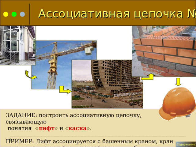  Ассоциативная цепочка №1 Ассоциативная цепочка №1  ЗАДАНИЕ: построить ассоциативную цепочку, связывающую  понятия « лифт » и « каска ». ПРИМЕР: Лифт ассоциируется с башенным краном, кран находиться на стройке, на стройке должны быть кирпичи, рабочие строек носят каски. Содержание 