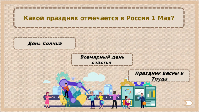 Какой праздник отмечается в России 1 Мая? День Солнца Всемирный день счастья Праздник Весны и Труда 