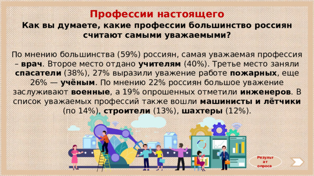 Профессии настоящего Как вы думаете, какие профессии большинство россиян считают самыми уважаемыми? По мнению большинства (59%) россиян, самая уважаемая профессия – врач . Второе место отдано учителям (40%). Третье место заняли спасатели (38%), 27% выразили уважение работе пожарных , еще 26% — учёным . По мнению 22% россиян большое уважение заслуживают военные , а 19% опрошенных отметили инженеров . В список уважаемых профессий также вошли машинисты и лётчики (по 14%), строители (13%), шахтеры (12%). Результат опроса  