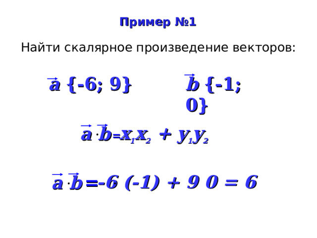 Пример №1 Найти скалярное произведение векторов: a {-6; 9} b {-1; 0} x 1 x 2 + y 1 y 2 a b  =  -6 (-1) + 9 0  = 6 a b   = 20 