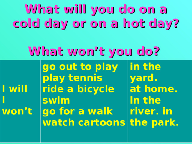 What will you do on a cold day or on a hot day?  What won’t you do?       I will I won’t go out to play play tennis ride a bicycle swim go for a walk watch cartoons  in the yard. at home. in the river. in the park. 