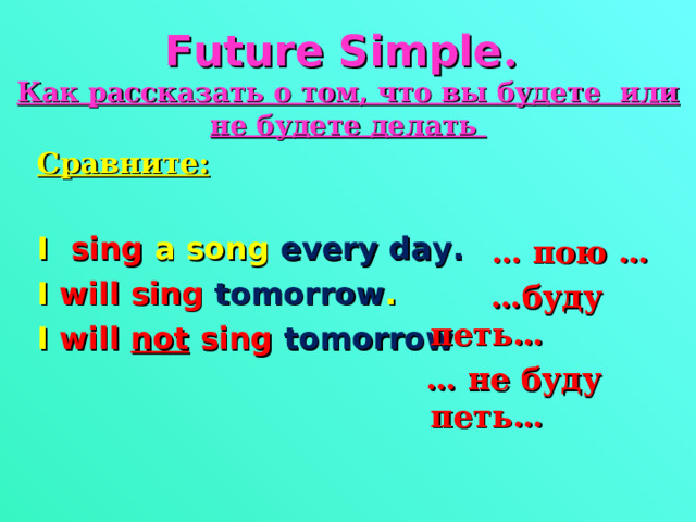 Future Simple .  Как рассказать о том, что вы будете или не будете делать Сравните:  I sing a song every day. I will sing tomorrow . I will  not sing tomorrow     … пою … … буду петь… … не буду петь…     