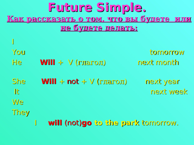 Future Simple .  Как рассказать о том, что вы будете или не будете делать:   I You tomorrow He Will + V ( глагол) next month   She Will + not + V ( глагол) next year  It next week We They  I will (not) go to the park tomorrow.   