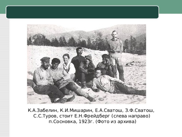 К.А.Забелин, К.И.Мишарин, Е.А.Сватош, З.Ф.Сватош,  С.С.Туров, стоит Е.Н.Фрейдберг (слева направо)  п.Сосновка, 1923г. (Фото из архива) 