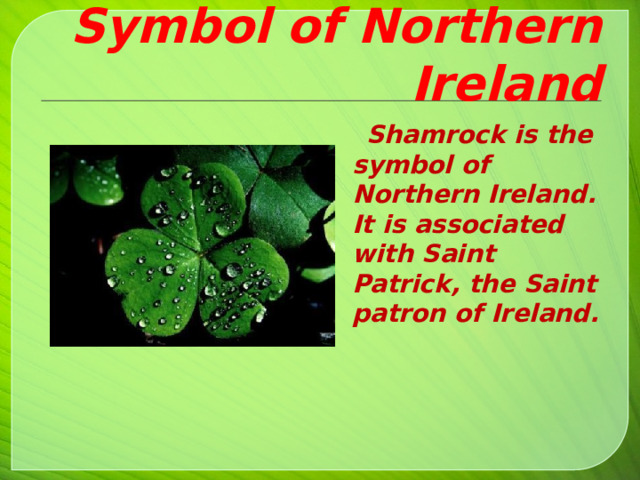 Symbol of Northern Ireland  Shamrock is the symbol of Northern Ireland. It is associated with Saint Patrick, the Saint patron of Ireland.   