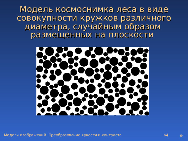 Модель космоснимка леса в виде совокупности кружков различного диаметра, случайным образом  размещенных на плоскости  Модели изображений. Преобразование яркости и контраста   