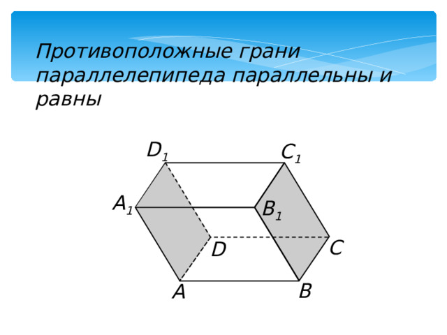 Противоположные грани параллелепипеда параллельны и равны D 1 C 1 А 1 B 1 С D В А 