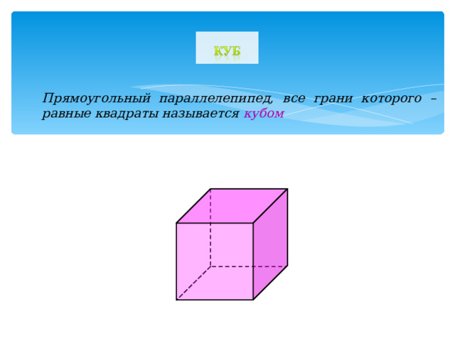 Прямоугольный параллелепипед, все грани которого – равные квадраты называется кубом 