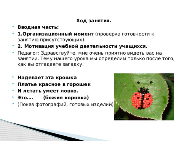  Ход занятия. Вводная часть: 1.Организационный момент (проверка готовности к занятию присутствующих). 2. Мотивация учебной деятельности учащихся. Педагог: Здравствуйте, мне очень приятно видеть вас на занятии. Тему нашего урока мы определим только после того, как вы отгадаете загадку.   Надевает эта крошка Платье красное в горошек И летать умеет ловко. Это…. (божия коровка) (Показ фотографий, готовых изделий)      
