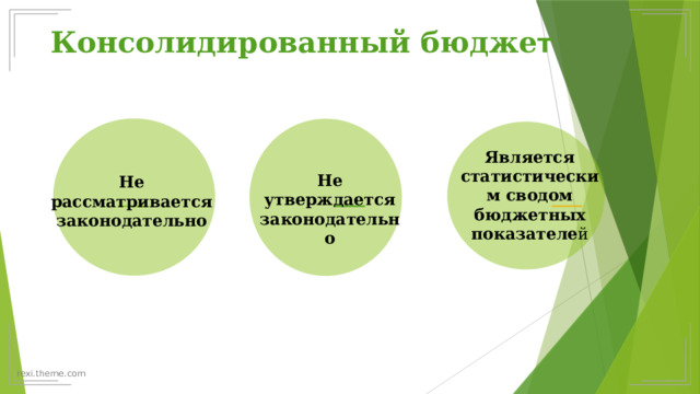 Консолидированный бюдже т Является статистическим сводом бюджетных показателе й Не утверждается законодательно Не рассматривается законодательно 