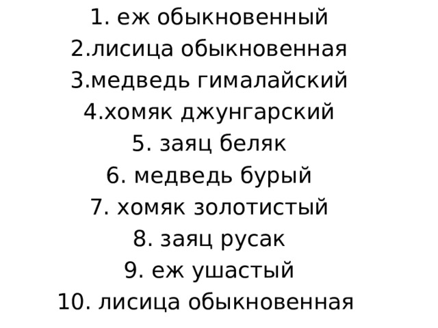 1. еж обыкновенный 2.лисица обыкновенная 3.медведь гималайский 4.хомяк джунгарский 5. заяц беляк 6. медведь бурый 7. хомяк золотистый 8. заяц русак 9. еж ушастый 10. лисица обыкновенная 