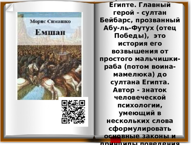 Книга о средневековом Египте. Главный герой - султан Бейбарс, прозванный Абу-ль-Футух (отец Победы),  это история его возвышения от простого мальчишки-раба (потом воина-мамелюка) до султана Египта. Автор - знаток человеческой психологии, умеющий в нескольких слова сформулировать основные законы и принципы поведения человека. 