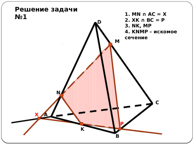 Решение задачи №1 1. MN ∩ AC = X 2. XK ∩ BC = P 3. NK, MP 4. KNMP – искомое сечение D M N C X A P K B 