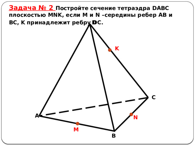 Задача № 2 Постройте сечение тетраэдра DABC плоскостью MNK, если M и N –середины ребер AB и BC, K принадлежит ребру DC.  D K C A N M B 