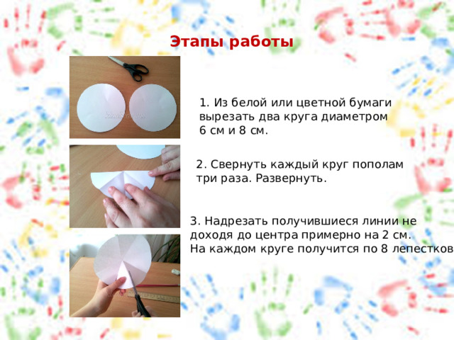 Этапы работы 1. Из белой или цветной бумаги вырезать два круга диаметром 6 см и 8 см. 2. Свернуть каждый круг пополам три раза. Развернуть. 3. Надрезать получившиеся линии не доходя до центра примерно на 2 см. На каждом круге получится по 8 лепестков. 