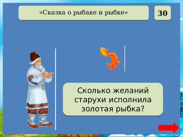  30 «Сказка о рыбаке и рыбке» Четыре Сколько желаний старухи исполнила золотая рыбка? 