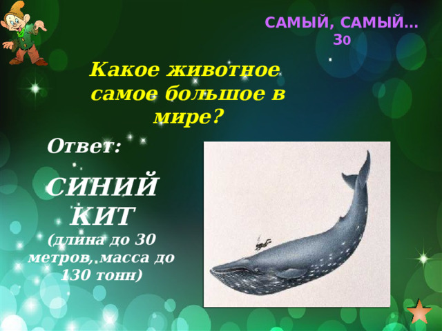 САМЫЙ, САМЫЙ… 3 0 Какое животное самое большое в мире? Ответ: СИНИЙ КИТ (длина до 30 метров, масса до 130 тонн) 