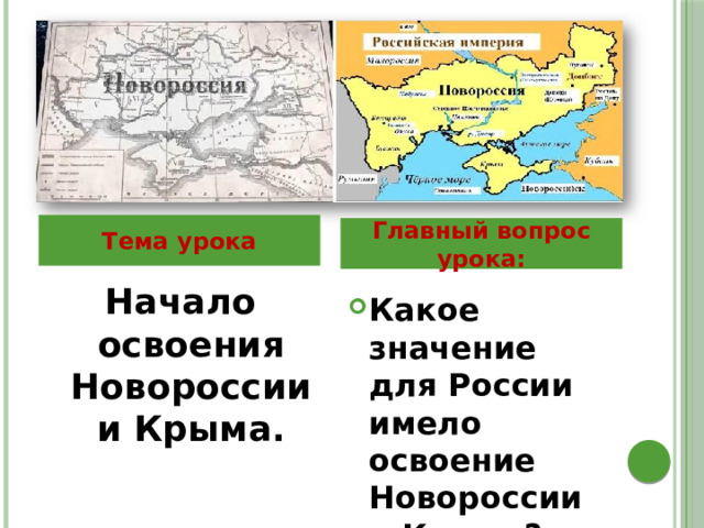 Тема урока Главный вопрос урока:  Начало освоения Новороссии и Крыма.  Какое значение для России имело освоение Новороссии и Крыма? 