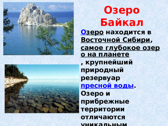 Озеро Байкал О зеро  находится в Восточной Сибири , самое глубокое озеро на планете , крупнейший природный резервуар пресной воды . Озеро и прибрежные территории отличаются уникальным разнообразием флоры и фауны 