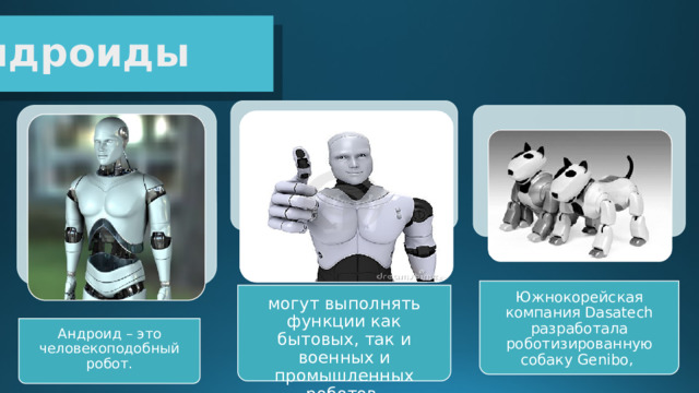 Андроид – это человекоподобный робот. могут выполнять функции как бытовых, так и военных и промышленных роботов. Южнокорейская компания Dasatech разработала роботизированную собаку Genibo, Андроиды 