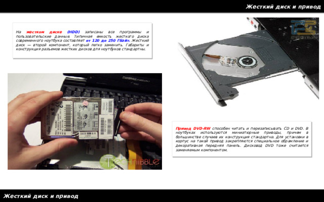 Жесткий диск и привод На жестком диске (HDD) записаны все программы и пользовательские данные. Типичная емкость жесткого диска современного ноутбука составляет от 120 до 250 Гбайт.  Жесткий диск — второй компонент, который легко заменить. Габариты и конструкция разъемов жестких дисков для ноутбуков стандартны. Привод DVD-RW способен читать и перезаписывать CD и DVD. В ноутбуках используются миниатюрные приводы, причем в большинстве случаев их конструкция стандартна. Для установки в корпус на такой привод закрепляются специальное обрамление и декоративная передняя панель. Дисковод DVD тоже считается заменяемым компонентом. Жесткий диск и привод 