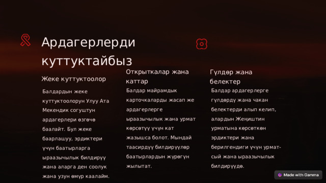 Ардагерлерди куттуктайбыз Открыткалар жана каттар Гүлдөр жана белектер Жеке куттуктоолор Балдар майрамдык карточкаларды жасап же ардагерлерге ыраазычылык жана урмат көрсөтүү үчүн кат жазышса болот. Мындай таасирдүү билдирүүлөр баатырлардын жүрөгүн жылытат. Балдар ардагерлерге гүлдөрдү жана чакан белектерди алып келип, алардын Жеңиштин урматына көрсөткөн эрдиктери жана берилгендиги үчүн урмат-сый жана ыраазычылык билдирүүдө. Балдардын жеке куттуктоолорун Улуу Ата Мекендик согуштун ардагерлери өзгөчө баалайт. Бул жеке баарлашуу, эрдиктери үчүн баатырларга ыраазычылык билдирүү жана аларга ден соолук жана узун өмүр каалайм.  