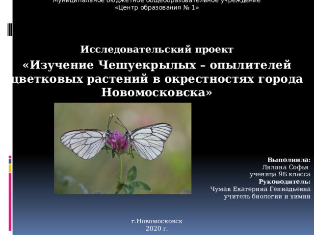 Муниципальное бюджетное общеобразовательное учреждение «Центр образования № 1» Исследовательский проект «Изучение Чешуекрылых – опылителей цветковых растений в окрестностях города Новомосковска»     Выполнила: Лялина Софья ученица 9Б класса Руководитель: Чумак Екатерина Геннадьевна учитель биологии и химии г.Новомосковск 2020 г. 