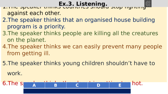 Ex.3. Listening. The speaker thinks countries should stop fighting against each other. The speaker thinks that an organised house building program is a priority. The speaker thinks people are killing all the creatures on the planet. The speaker thinks we can easily prevent many people from getting ill. The speaker thinks young children shouldn’t have to work. The speaker thinks the planet is getting too hot. A 4 B 2 C 5 D E 3 1 