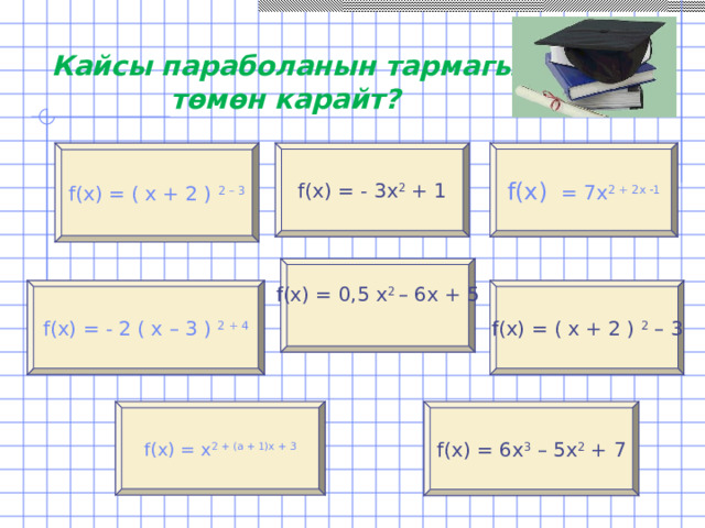 Кайсы параболанын тармагы төмөн карайт? f ( x ) = - 3х 2 + 1 f ( x )  = 7х 2 + 2х -1 f ( x ) = ( х + 2 ) 2 – 3 f ( x ) = 0,5 х 2 – 6х + 5 f ( x ) = ( х + 2 ) 2 – 3 f ( x ) = - 2 ( х – 3 ) 2 + 4 f ( x ) = 6х 3 – 5х 2 + 7 f ( x ) = х 2 + (а + 1)х + 3 5 