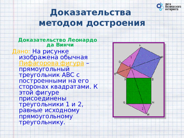 Доказательства  методом достроения  Доказательство Леонардо да Винчи Дано: На рисунке изображена обычная Пифагорова фигура – прямоугольный треугольник ABC с построенными на его сторонах квадратами. К этой фигуре присоединены треугольники 1 и 2, равные исходному прямоугольному треугольнику. 