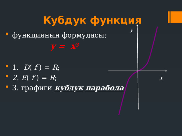 Кубдук функция функциянын формуласы:  y = х 3  1. D ( f ) = R ; 2. E ( f ) = R ; 3. графиги кубдук  парабола 