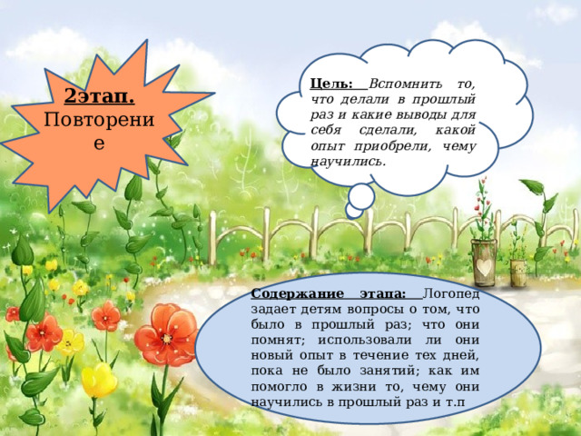 Цель: Вспомнить то, что делали в прошлый раз и какие выводы для себя сделали, какой опыт приобрели, чему научились. 2этап. Повторение Содержание этапа: Логопед задает детям вопросы о том, что было в прошлый раз; что они помнят; использовали ли они новый опыт в течение тех дней, пока не было занятий; как им помогло в жизни то, чему они научились в прошлый раз и т.п 