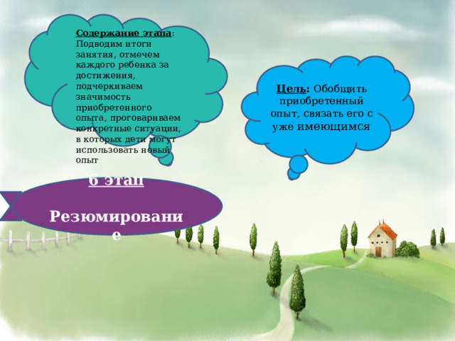 Содержание этапа : Подводим итоги занятия, отмечем каждого ребенка за достижения, подчеркиваем значимость приобретенного опыта, проговариваем конкретные ситуации, в которых дети могут использовать новый опыт Цель : Обобщить приобретенный опыт, связать его с уже имеющимся 6 этап  Резюмирование 