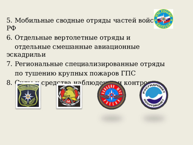 5. Мобильные сводные отряды частей войск ГО РФ 6. Отдельные вертолетные отряды и  отдельные смешанные авиационные эскадрильи 7. Региональные специализированные отряды  по тушению крупных пожаров ГПС 8. Силы и средства наблюдения и контроля 