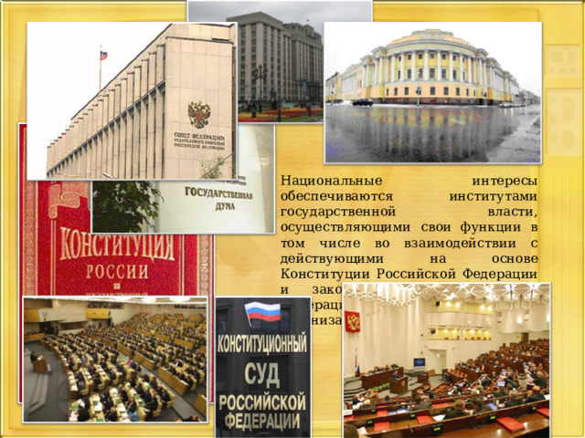 Национальные интересы обеспечиваются институтами государственной власти, осуществляющими свои функции в том числе во взаимодействии с действующими на основе Конституции Российской Федерации и законодательства Российской Федерации общественными организациями. 