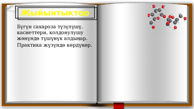 Жыйынтыктоо Бүгүн сахароза түзүлүшү, касиеттери, колдонулушу жөнүндө түшүнүк алдыңар. Практика жүзүндө көрдүңөр.  