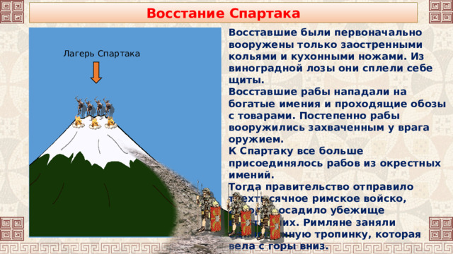 Восстание Спартака Восставшие были первоначально вооружены только заостренными кольями и кухонными ножами. Из виноградной лозы они сплели себе щиты. Восставшие рабы нападали на богатые имения и проходящие обозы с товарами. Постепенно рабы вооружились захваченным у врага оружием. К Спартаку все больше присоединялось рабов из окрестных имений. Тогда правительство отправило трехтысячное римское войско, которое осадило убежище восставших. Римляне заняли единственную тропинку, которая вела с горы вниз. Лагерь Спартака 