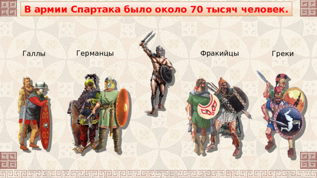 В армии Спартака было около 70 тысяч человек. Германцы Фракийцы Галлы Греки 