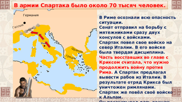 Альпы Галлия Греция Фракия В армии Спартака было около 70 тысяч человек. Германия В Риме осознали всю опасность ситуации. Сенат отправил на борьбу с мятежниками сразу двух консулов с войсками. Спартак повел свое войско на север Италии. В его войске была твердая дисциплина. Часть восставших во главе с Криксом считала, что нужно продолжить войну против Рима. А Спартак предлагал вывести рабов из Италии. В результате отряд Крикса был уничтожен римлянами. Спартак же повёл своё войско к Альпам. Он рассчитывал дать воинам возможность вернуться домой. 