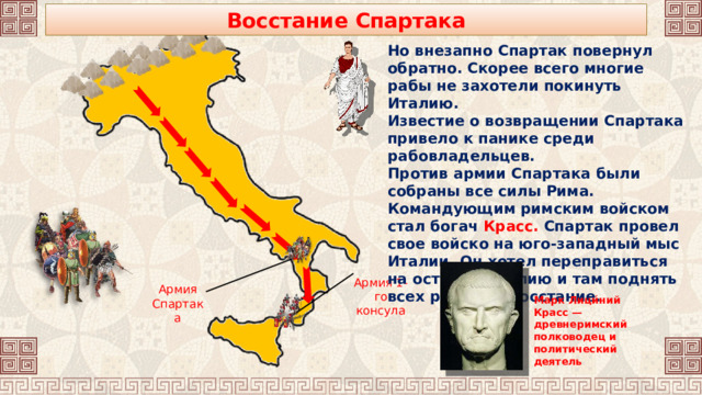 Восстание Спартака Но внезапно Спартак повернул обратно. Скорее всего многие рабы не захотели покинуть Италию. Известие о возвращении Спартака привело к панике среди рабовладельцев. Против армии Спартака были собраны все силы Рима. Командующим римским войском стал богач Красс. Спартак провел свое войско на юго-западный мыс Италии. Он хотел переправиться на остров Сицилию и там поднять всех рабов на восстание. Армия 1-го консула Армия Спартака Марк Лици́ний Красс — древнеримский полководец и политический деятель 