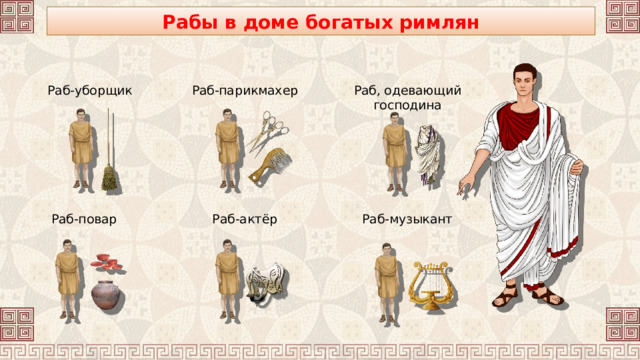Рабы в доме богатых римлян Раб-уборщик Раб-парикмахер Раб, одевающий господина Раб-музыкант Раб-актёр Раб-повар 