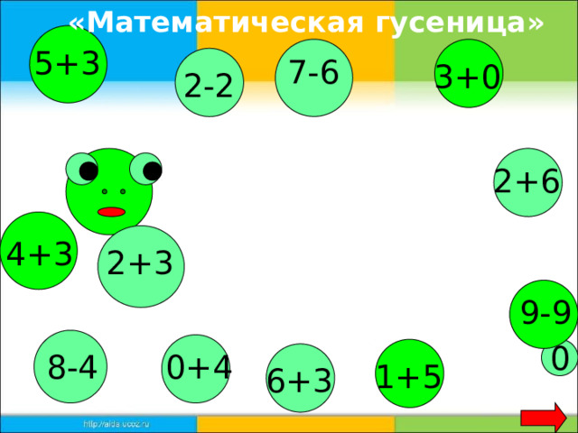 «Математическая гусеница» 5+3 7-6 3+0 2-2 2+6 4+3 2+3 9-9 0 8-4 0+4 1+5 6+3 