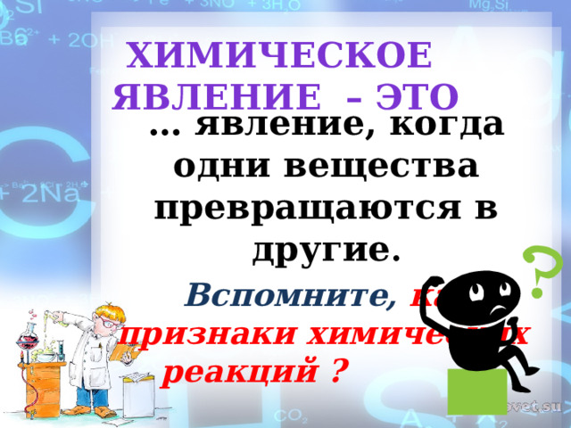 Химическое явление – это … явление, когда одни вещества превращаются в другие .  Вспомните,  какие признаки химических реакций ?  