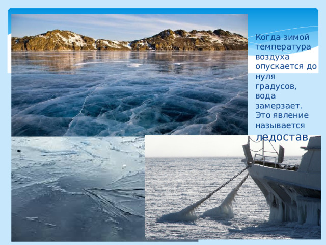 Когда зимой температура воздуха опускается до нуля градусов, вода замерзает. Это явление называется ледостав . 