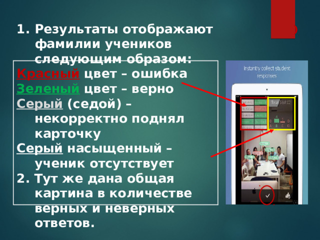 )   Результаты отображают фамилии учеников следующим образом: Красный цвет – ошибка Зеленый цвет – верно Серый (седой) – некорректно поднял карточку Серый насыщенный –ученик отсутствует 2. Тут же дана общая картина в количестве верных и неверных ответов.  