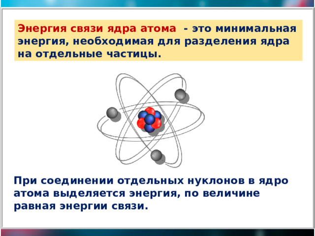 Энергия связи ядра атома - это минимальная энергия, необходимая для разделения ядра на отдельные частицы. При соединении отдельных нуклонов в ядро атома выделяется энергия, по величине равная энергии связи. 