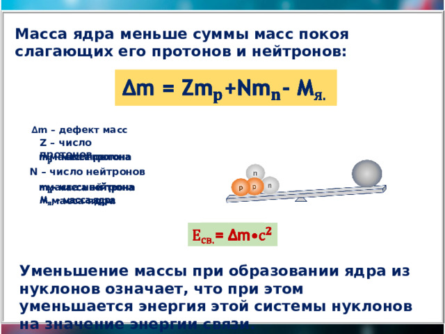 Масса ядра меньше суммы масс покоя слагающих его протонов и нейтронов: ∆ m = Z+N-   ∆ m – дефект масс Z – число протонов  - масса протона   N – число нейтронов - масса нейтрона    - масса ядра   = ∆m•   Уменьшение массы при образовании ядра из нуклонов означает, что при этом уменьшается энергия этой системы нуклонов на значение энергии связи. 