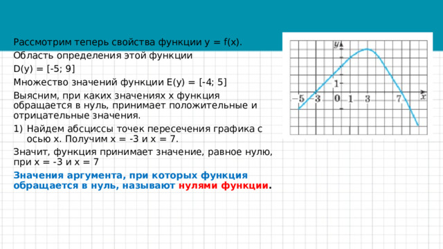 Рассмотрим теперь свойства функции у = f(x). Область определения этой функции D(y) = [-5; 9] Множество значений функции E(y) = [-4; 5] Выясним, при каких значениях х функция обращается в нуль, принимает положительные и отрицательные значения. Найдем абсциссы точек пересечения графика с осью х. Получим х = -3 и х = 7. Значит, функция принимает значение, равное нулю, при х = -3 и х = 7 Значения аргумента, при которых функция обращается в нуль, называют  нулями функции . 