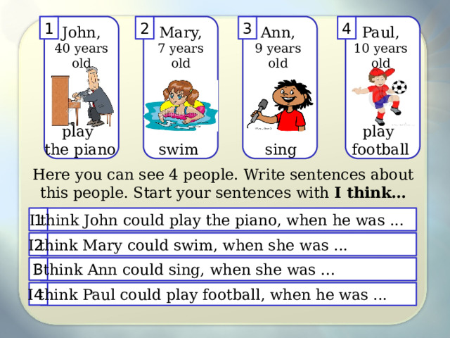 4 3 2 1 Mary, John, Ann, Paul, 7 years old 10 years old 9 years old 40 years old play play the piano football sing swim Here you can see 4 people. Write sentences about this people. Start your sentences with I think… I think John could play the piano, when he was ... 1 2 I think Mary could swim, when she was ... 3 I think Ann could sing, when she was ... 4 I think Paul could play football, when he was ... 
