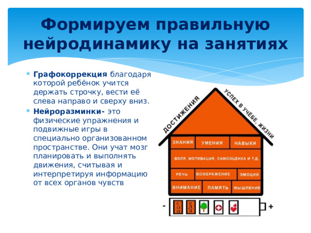 Формируем правильную нейродинамику на занятиях Графокоррекция благодаря которой ребёнок учится держать строчку, вести её слева направо и сверху вниз. Нейроразминки- это физические упражнения и подвижные игры в специально организованном пространстве. Они учат мозг планировать и выполнять движения, считывая и интерпретируя информацию от всех органов чувств 